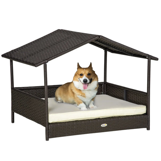 Elevated Rattan Dog House, Wicker Bed with Cushion, Small Medium Dogs, Cream White Houses, Kennels & Pens Dark Coffee Rattan, Cream White Cushion at Gallery Canada