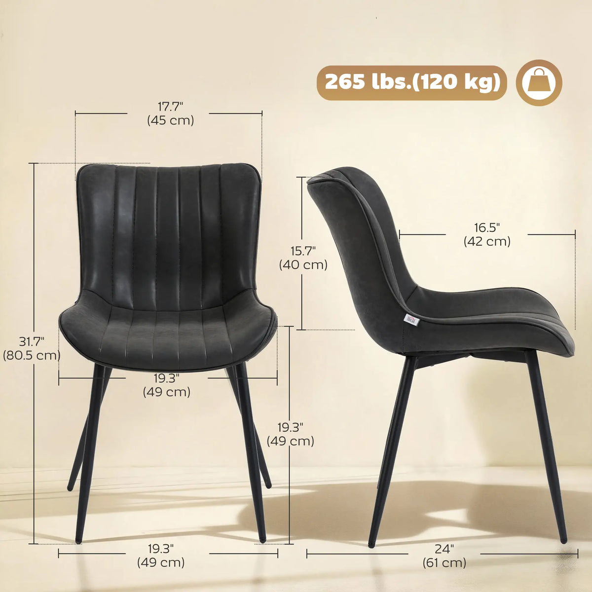PU Leather Dining Chairs Set of 2, Steel Legs, Black Dining Chairs at Gallery Canada
