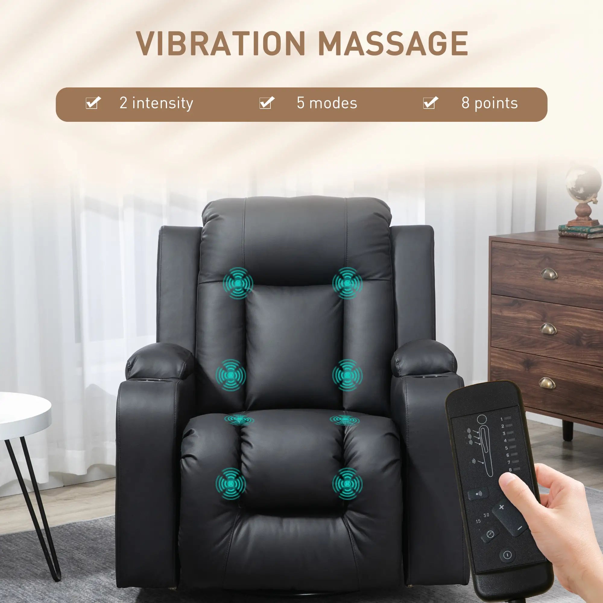 360° Swivel Massage Recliner Chair, 8 Vibration, PU Leather, Black Single Sofas at Gallery Canada