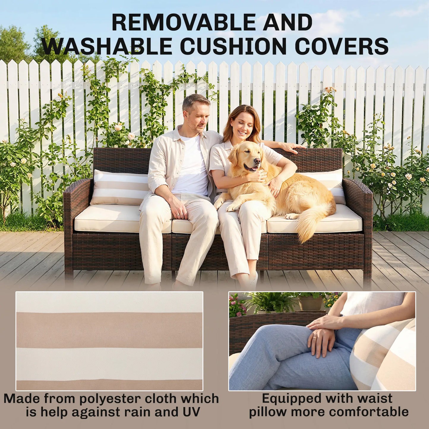 3-Seater Wicker Sofa, PE Rattan Outdoor Couch, Removable Cushions, Brown Patio Furniture Sets at Gallery Canada
