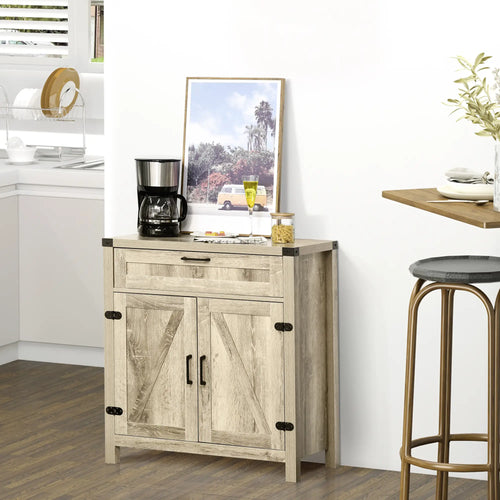 Farmhouse Kitchen Cabinet, Sideboard with 2 Barn Doors, Drawer, Oak