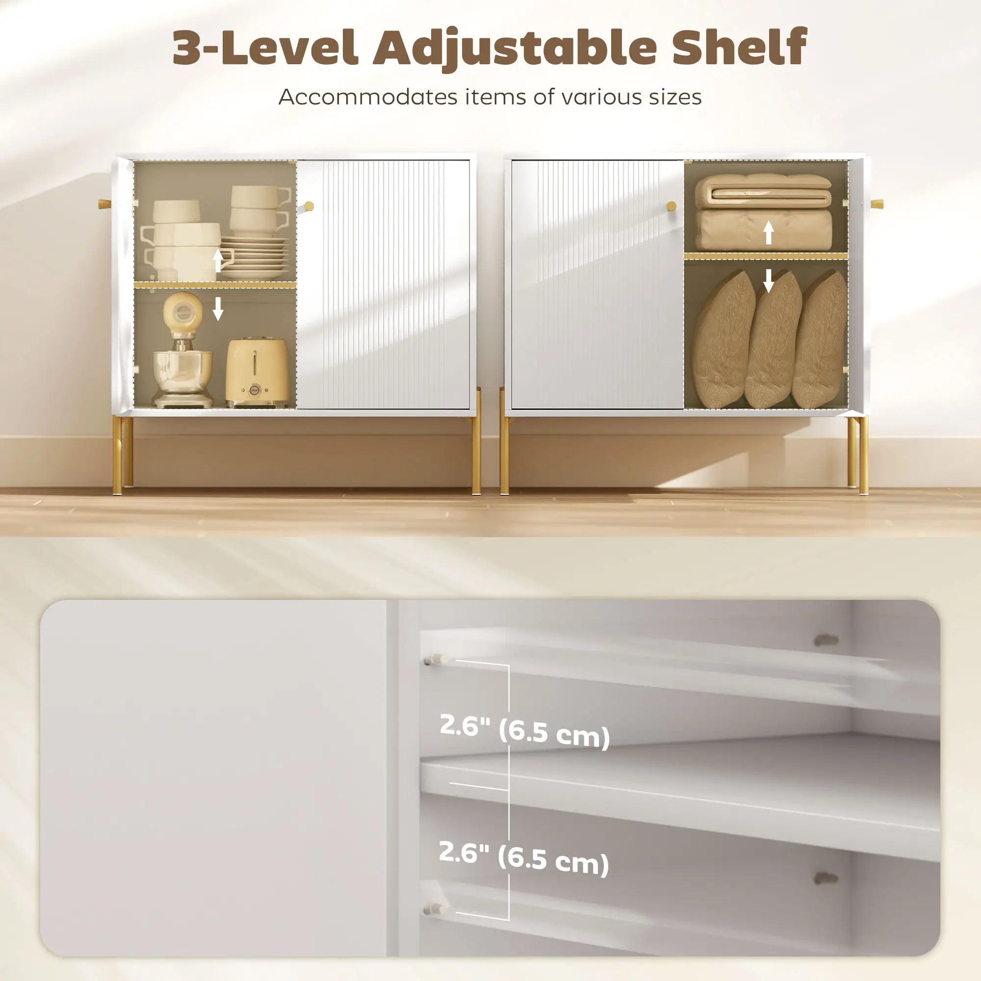 Sideboard, Modern Buffet Cabinet, Fluted Doors, Adjustable Shelf, White Storage Cabinets at Gallery Canada