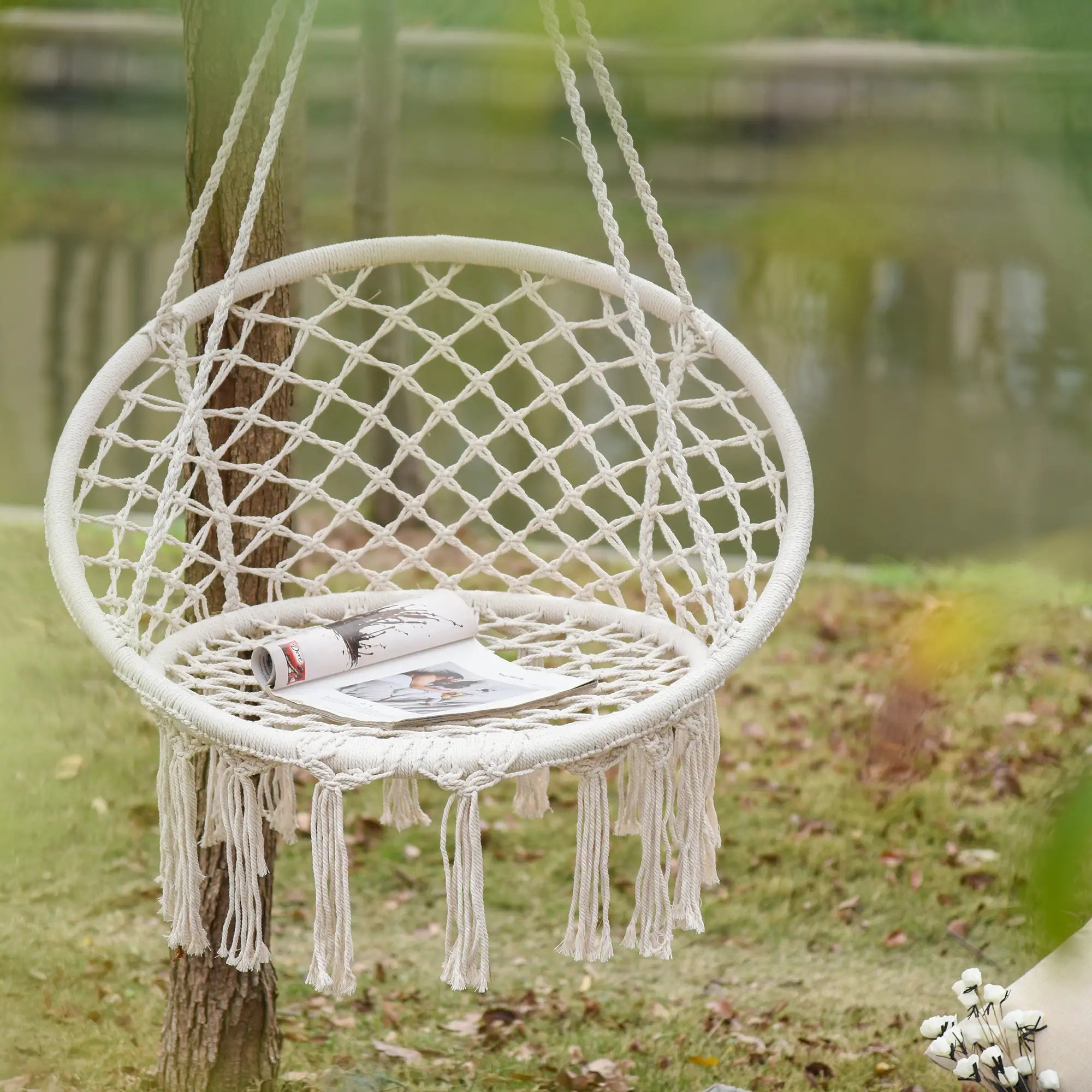 Patio Hanging Rope Hammock Swing Chair With Backrest, Cream White Hammock Swings at Gallery Canada