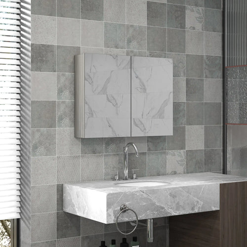 Wall-Mounted Bathroom Mirror Cabinet, Double Doors, Adjustable Shelf, Grey