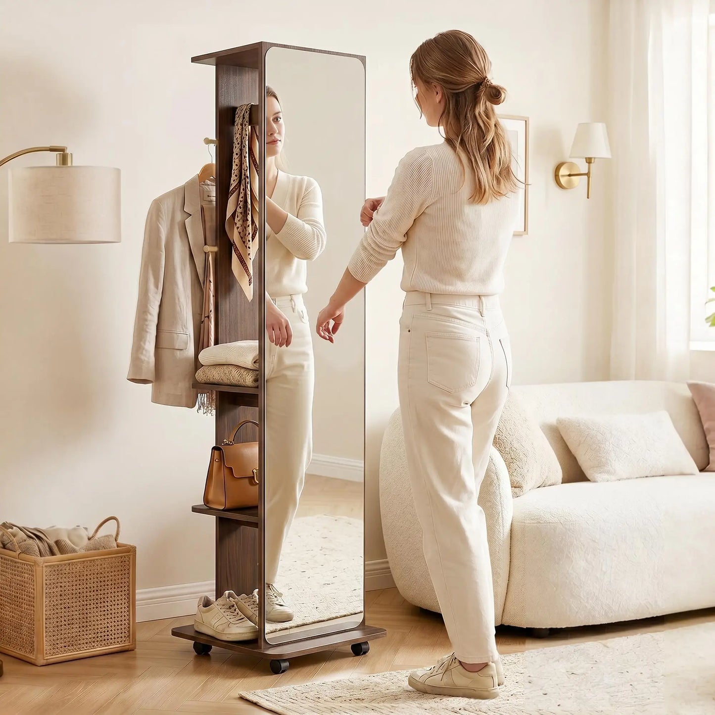 Full Length Floor Mirror With Storage Shelves, Wood Grain, Brown Full Length Mirrors at Gallery Canada