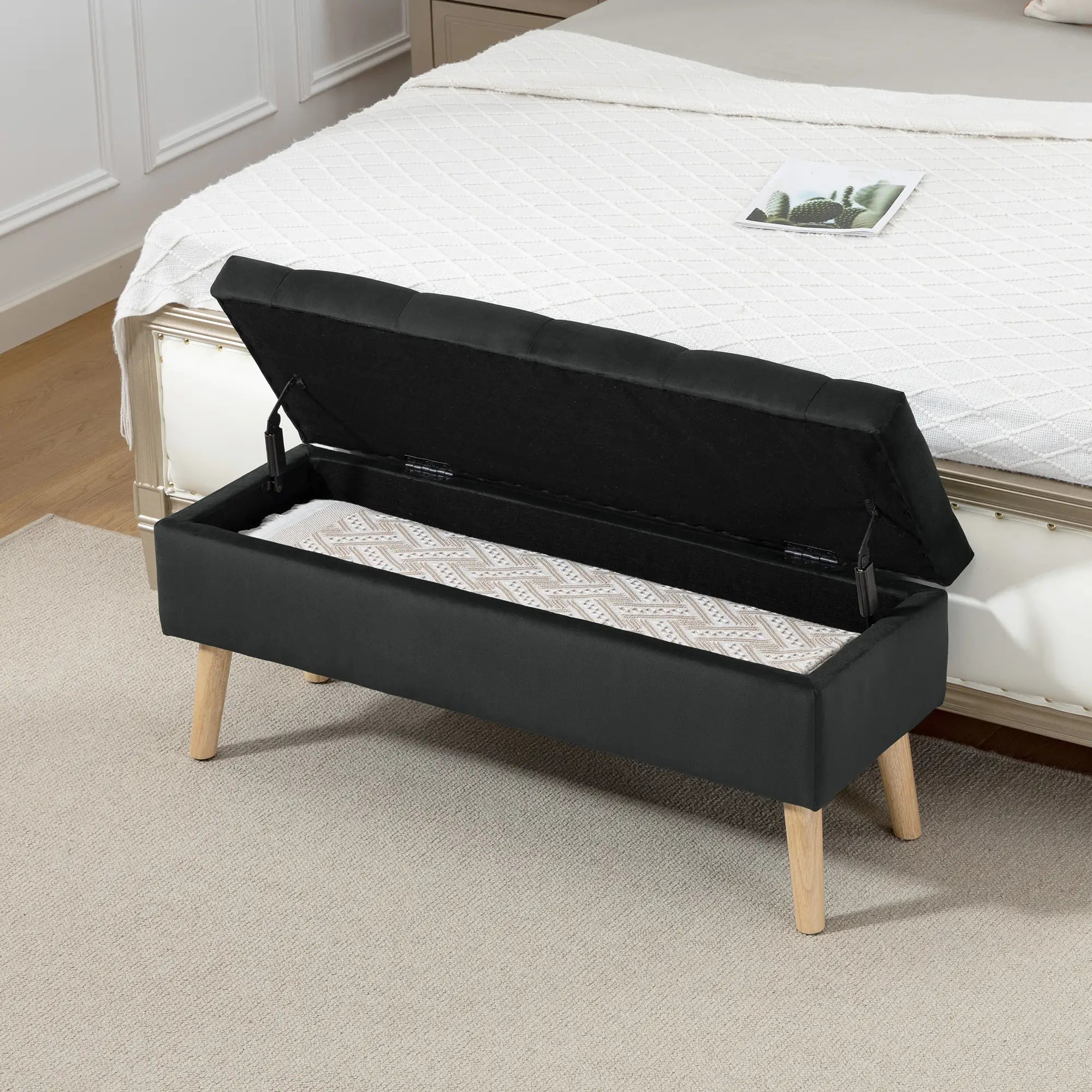 Velvet Storage Ottoman with Lid, Wood Legs, Black Storage Ottomans & Benches at Gallery Canada