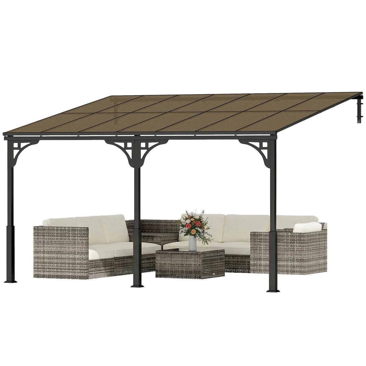 13' x 10' Lean To Gazebo, Hardtop Wall Mounted Pergola, Polycarbonate Roof, Metal-Aluminium Frame Pergolas Brown, Dark Grey at Gallery Canada