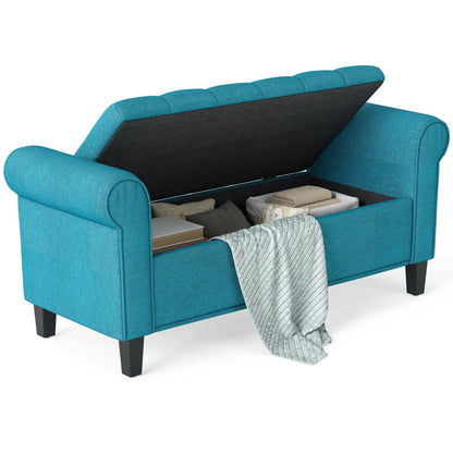 50 Inches Upholstered Storage Ottoman, Rolled Arms, Button Tufted, Teal Storage Ottomans & Benches at Gallery Canada