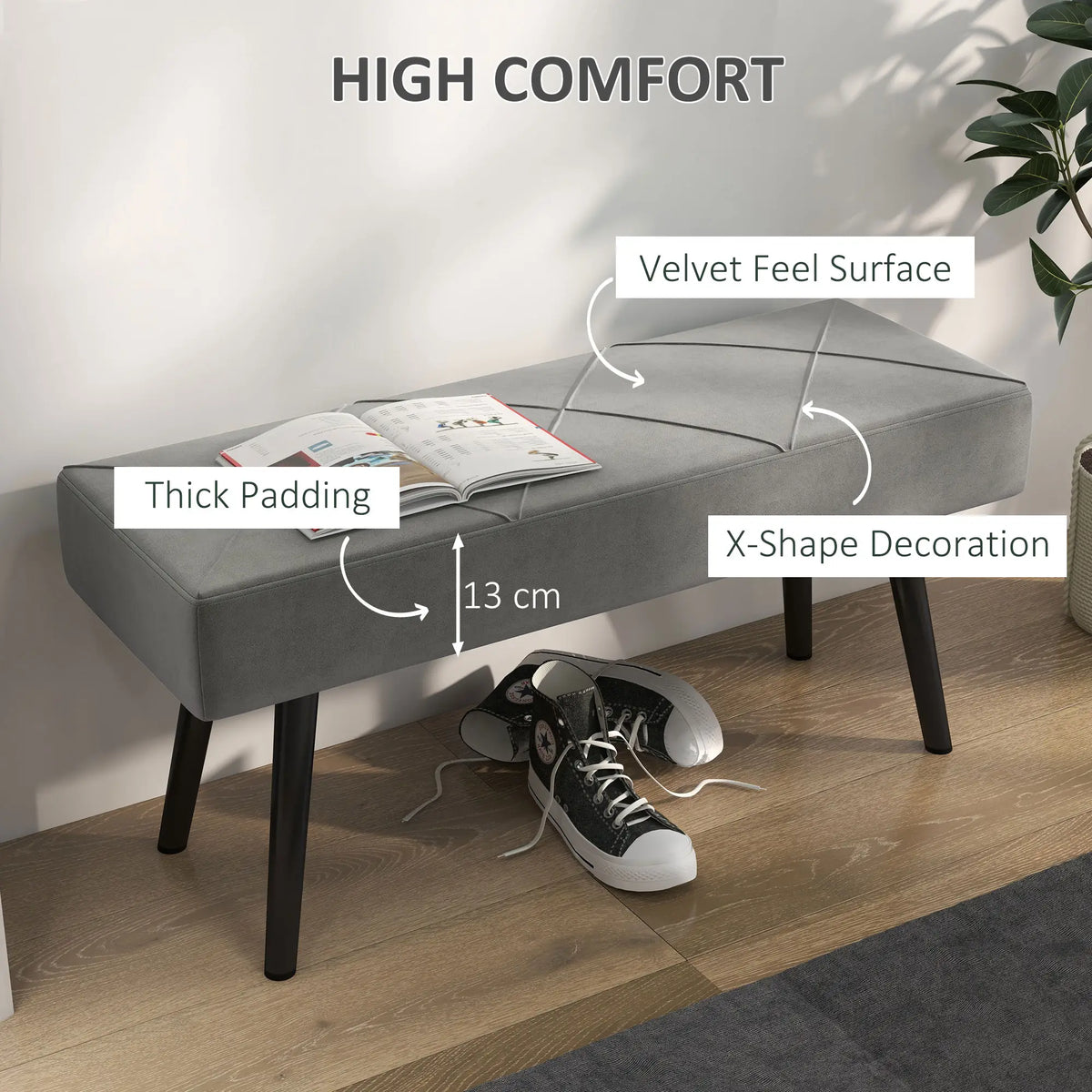 39 Inches Upholstered Bed Bench, Modern Steel Legs, Grey Storage Ottomans & Benches at Gallery Canada