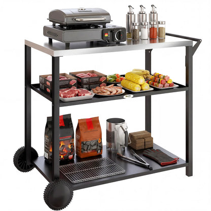 Outdoor Grill Cart, Stainless Steel Top, Three-Tier Pizza Oven Stand, Black Outdoor Grill Carts at Gallery Canada