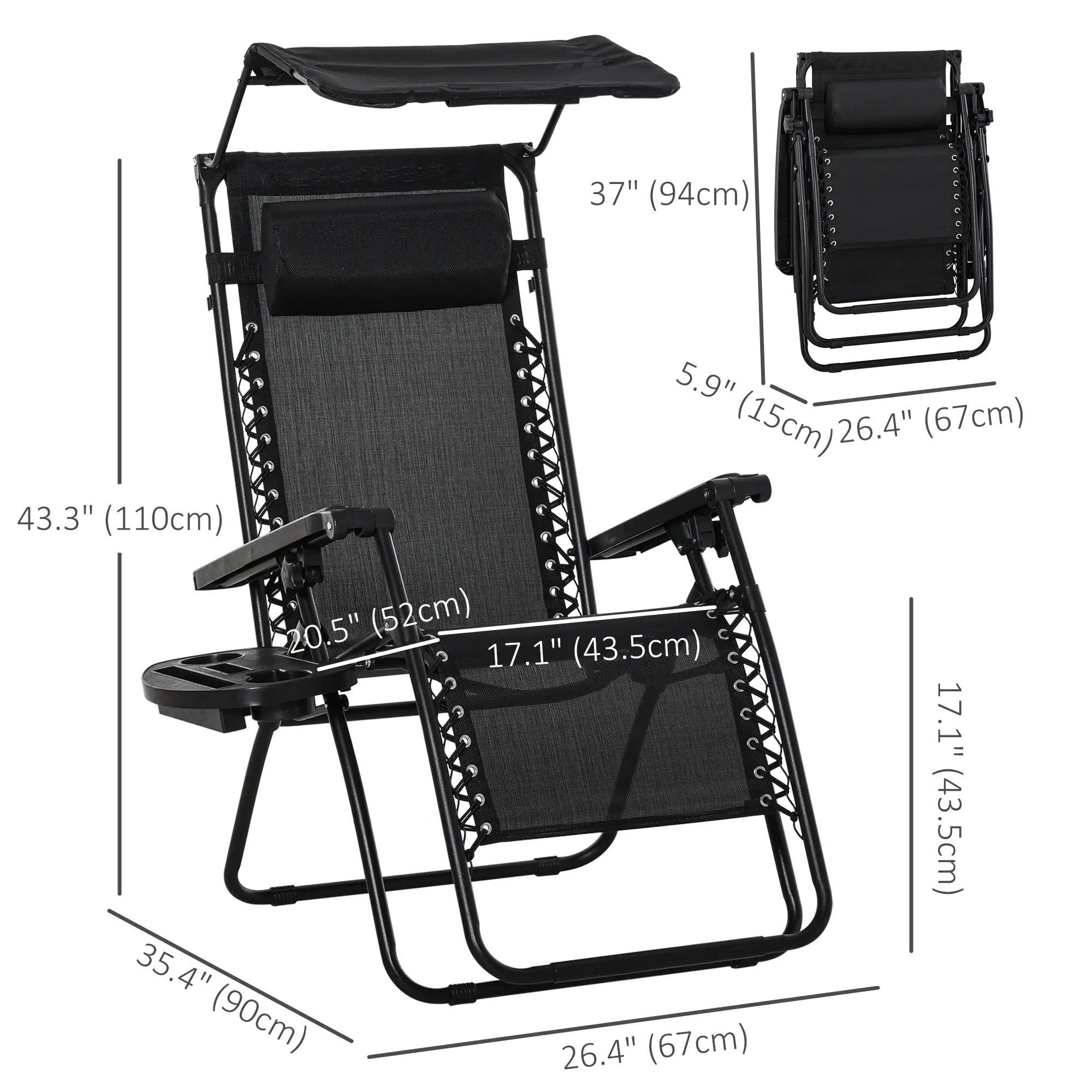 Zero Gravity Reclining Lounger Chair, Canopy Shade, Side Tray, Cupholder, Black Lounger Chairs at Gallery Canada
