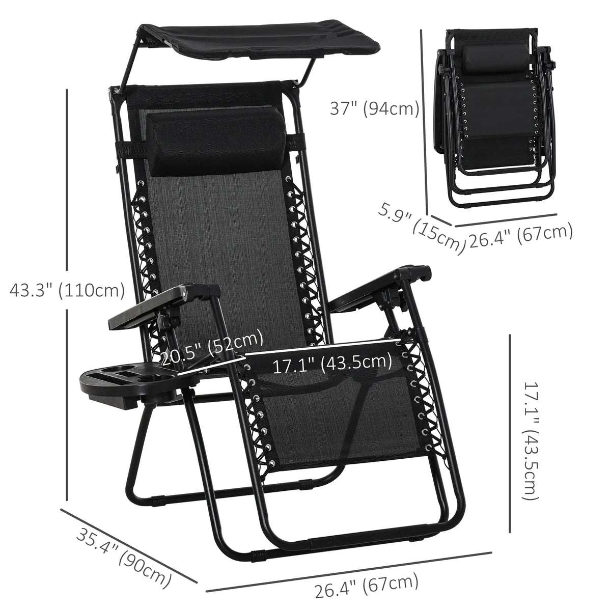 Zero Gravity Reclining Lounger Chair, Canopy Shade, Side Tray, Cupholder, Black Lounger Chairs at Gallery Canada