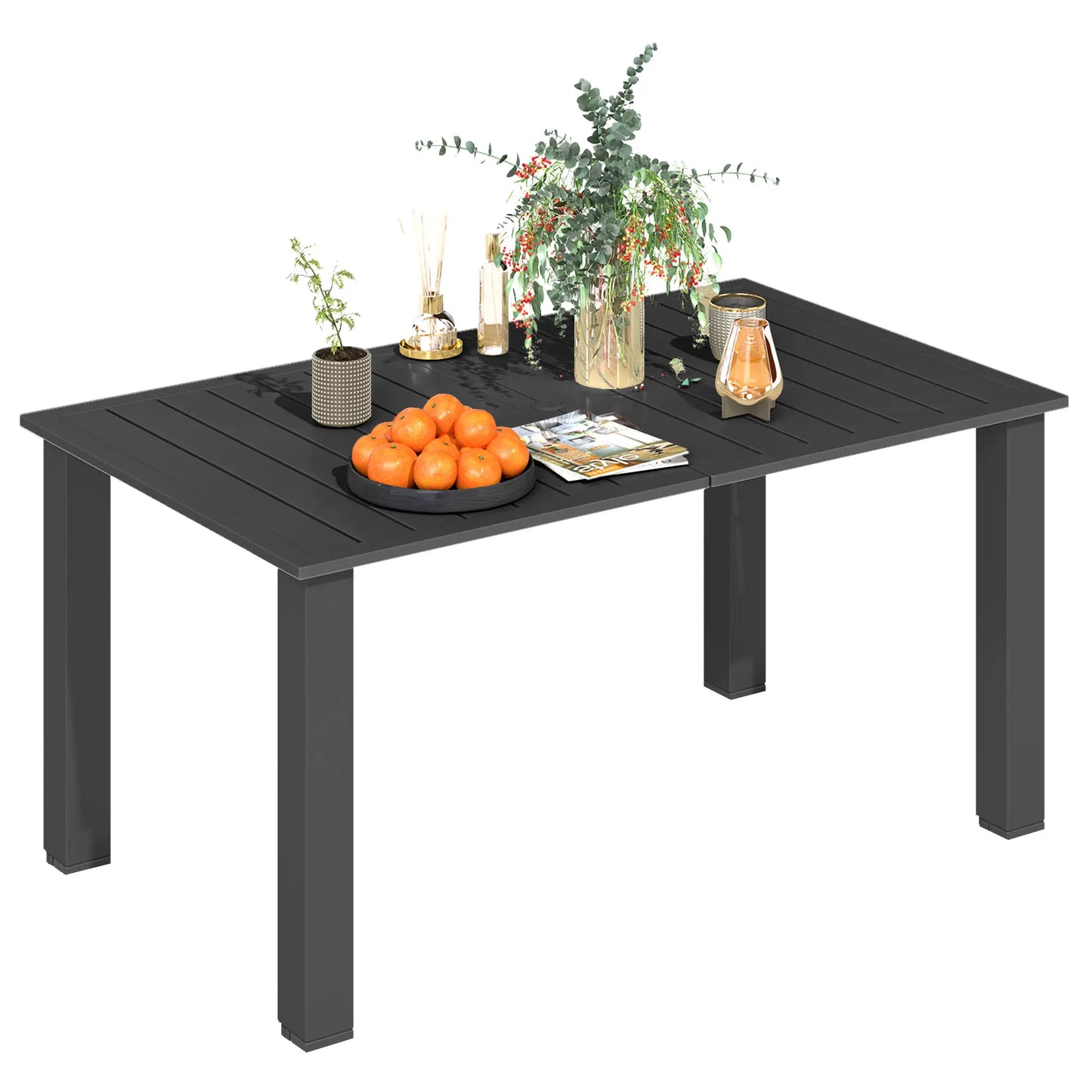 59" Outdoor Patio Table With Umbrella Hole, Slatted Tabletop, Black Patio Dining Tables at Gallery Canada