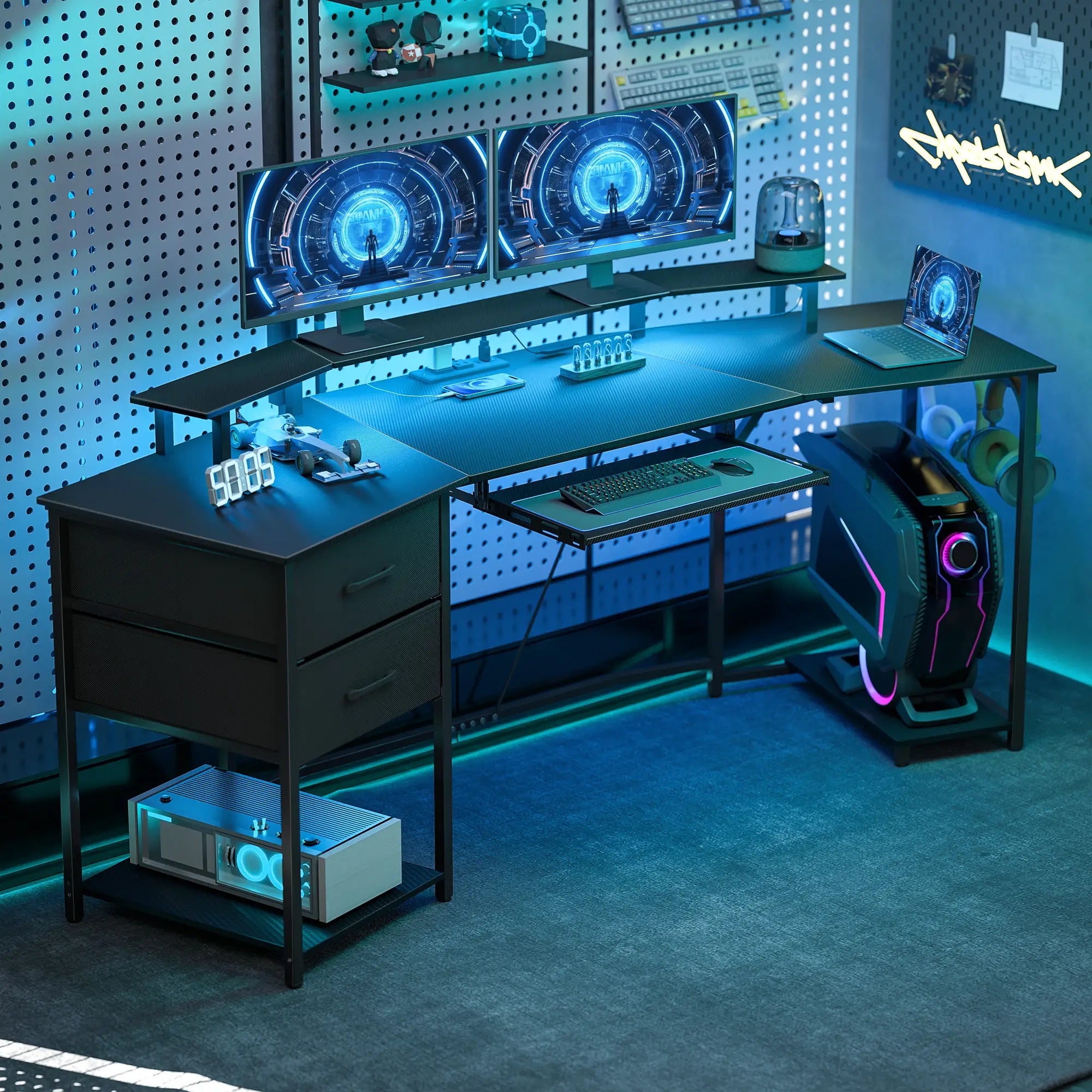 79 Inch Gaming Desk With RGB Lights, Power Outlets, USB Ports, Keyboard Tray, 2 Drawers, Black Gaming Desks at Gallery Canada