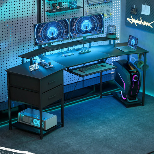 79 Inch Gaming Desk With RGB Lights, Power Outlets, USB Ports, Keyboard Tray, 2 Drawers, Black Gaming Desks Black at Gallery Canada