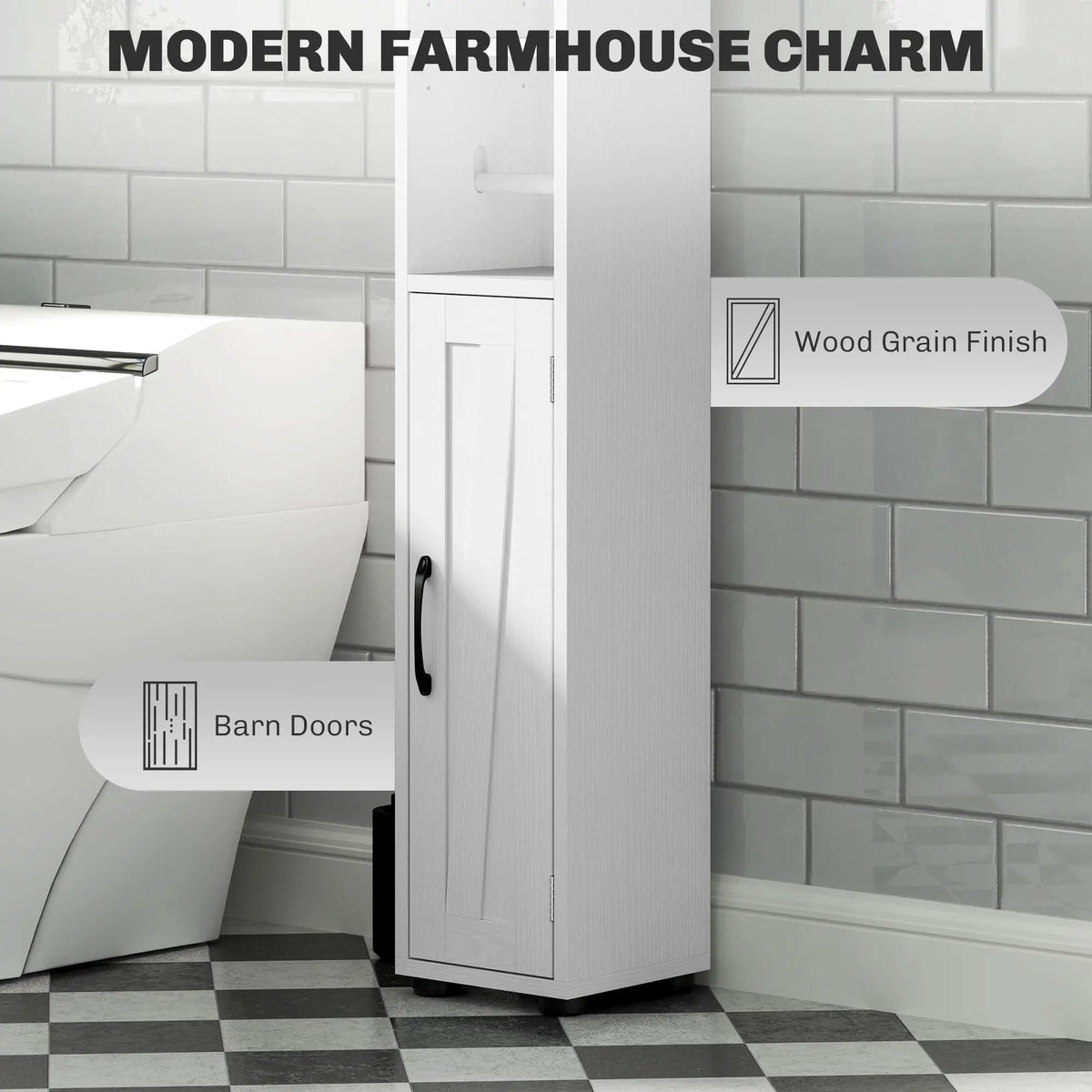 Narrow Bathroom Cabinet, Tall Storage with Barn Doors, Drawer, Adjustable Shelves, Wood Grain, White Bathroom Cabinets at Gallery Canada