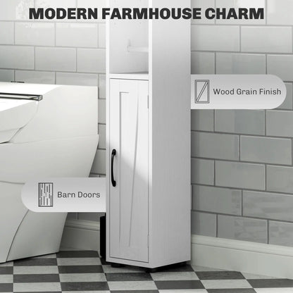 Narrow Bathroom Cabinet, Tall Storage with Barn Doors, Drawer, Adjustable Shelves, Wood Grain, White Bathroom Cabinets at Gallery Canada