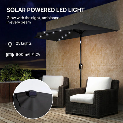 Half Outdoor Patio Umbrella, Solar LED Lights, Crank, 105.1" x 53.5", Black Half Round Umbrellas at Gallery Canada