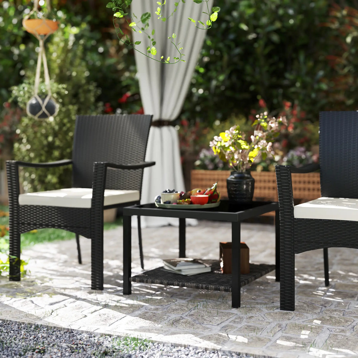 23.6" Rattan End Table, Outdoor Coffee Table, Tempered Glass Top, Black Patio Side Tables at Gallery Canada