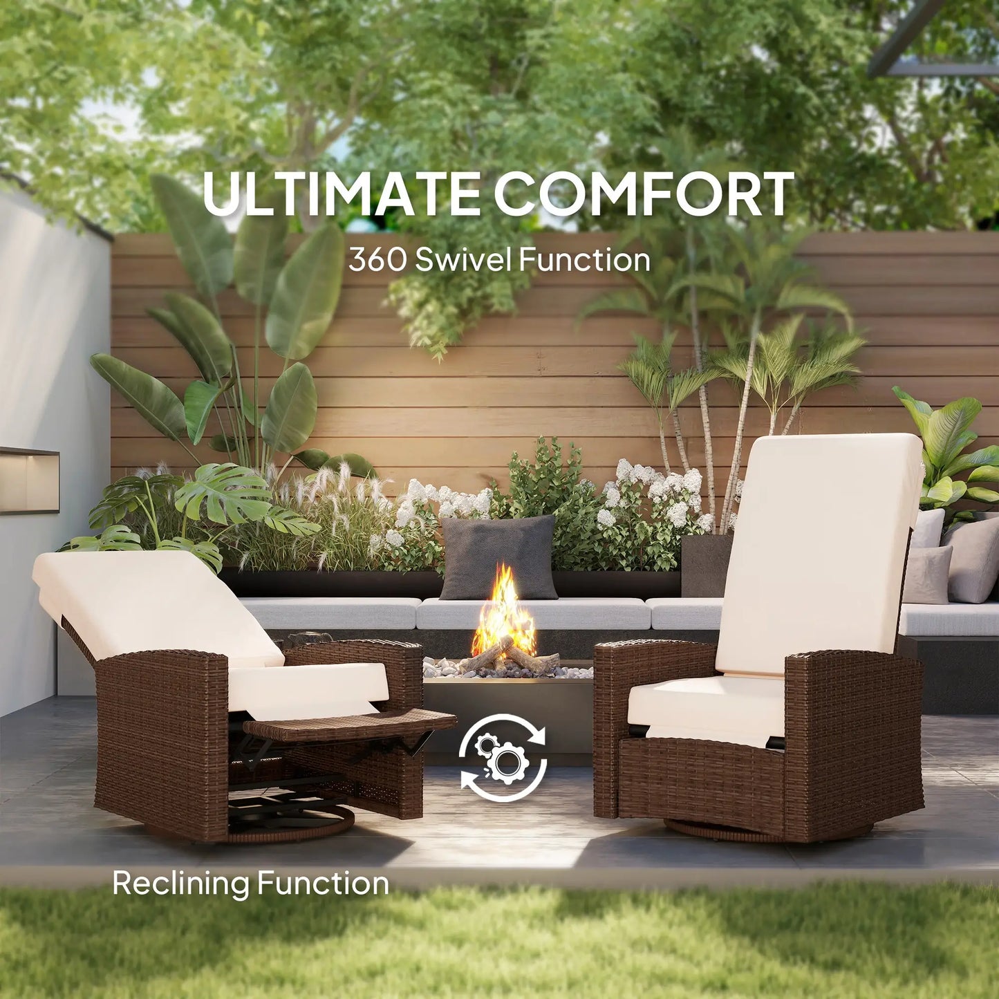Outdoor Rattan Lounge Chair with Footrest, Soft Cushion, Cream White Patio Chairs at Gallery Canada