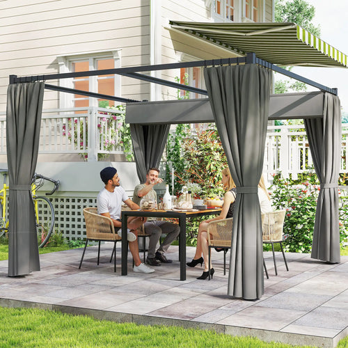 10' x 10' Retractable Pergola, Garden Gazebo with Curtains, Light Grey