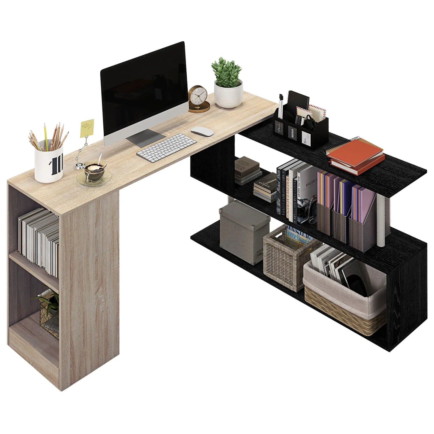 55" Corner Computer Desk, L-Shaped Rotating Workstation, 3-Tier Shelves Computer Desks at Gallery Canada