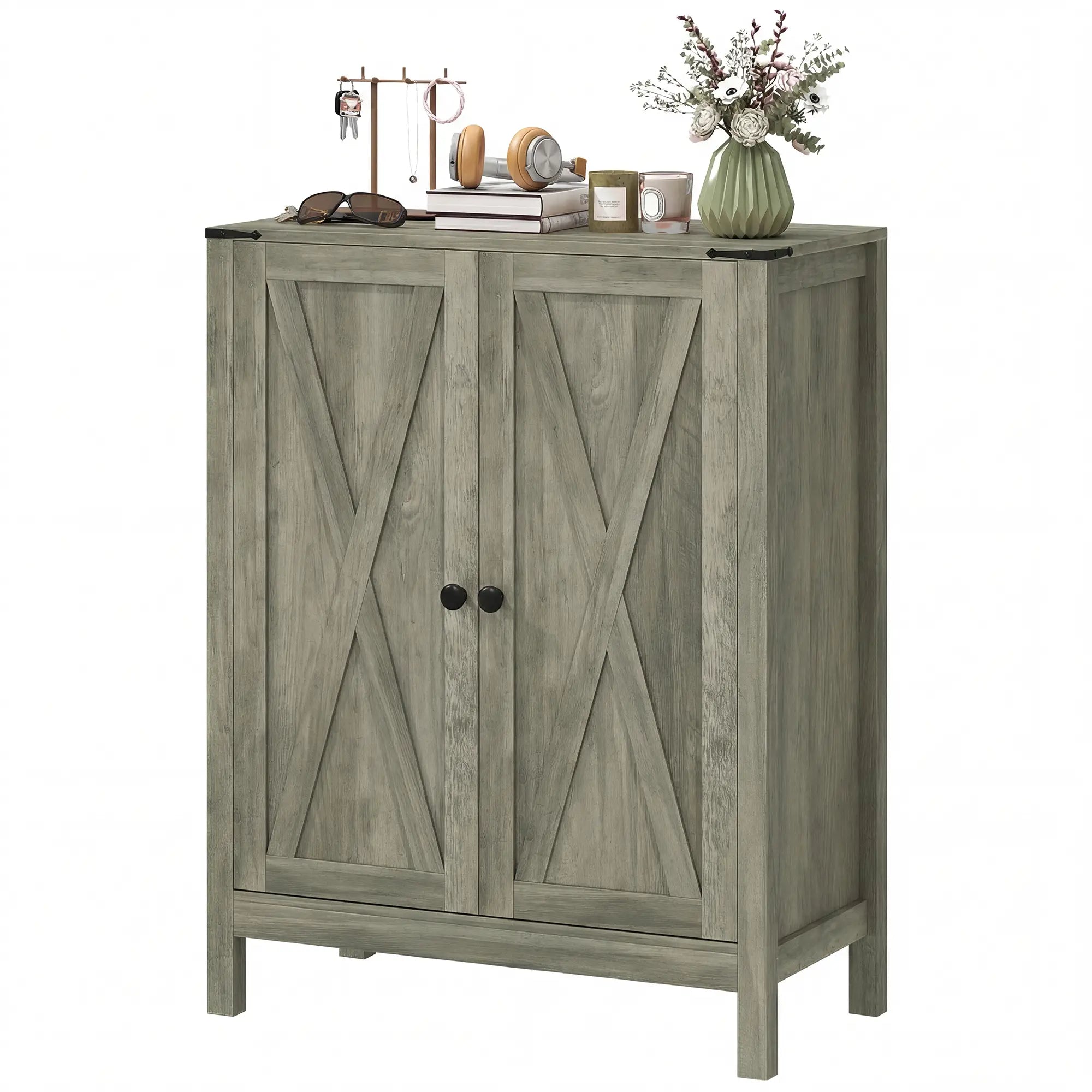 Shoe Cabinet With Barn Doors, Adjustable Shelves, Holds 15 Pairs, Grey Shoe Storage Cabinets & Racks Distressed Grey at Gallery Canada