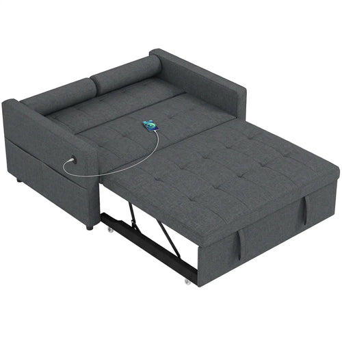 Pull Out Sofa Bed With USB Ports, Linen Loveseat Futon, Dark Grey