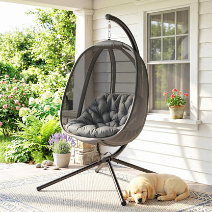 Hanging Egg Chair, Outdoor Swing with Stand, Folding Basket, Grey Patio Swings with Stand at Gallery Canada