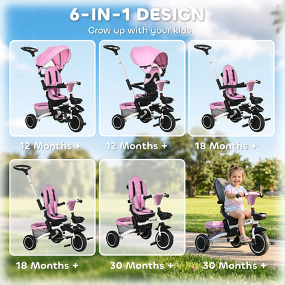 6-in-1 Toddler Tricycle, Foldable, Adjustable Seat, Push Handle, Pink Tricycles for Kids at Gallery Canada