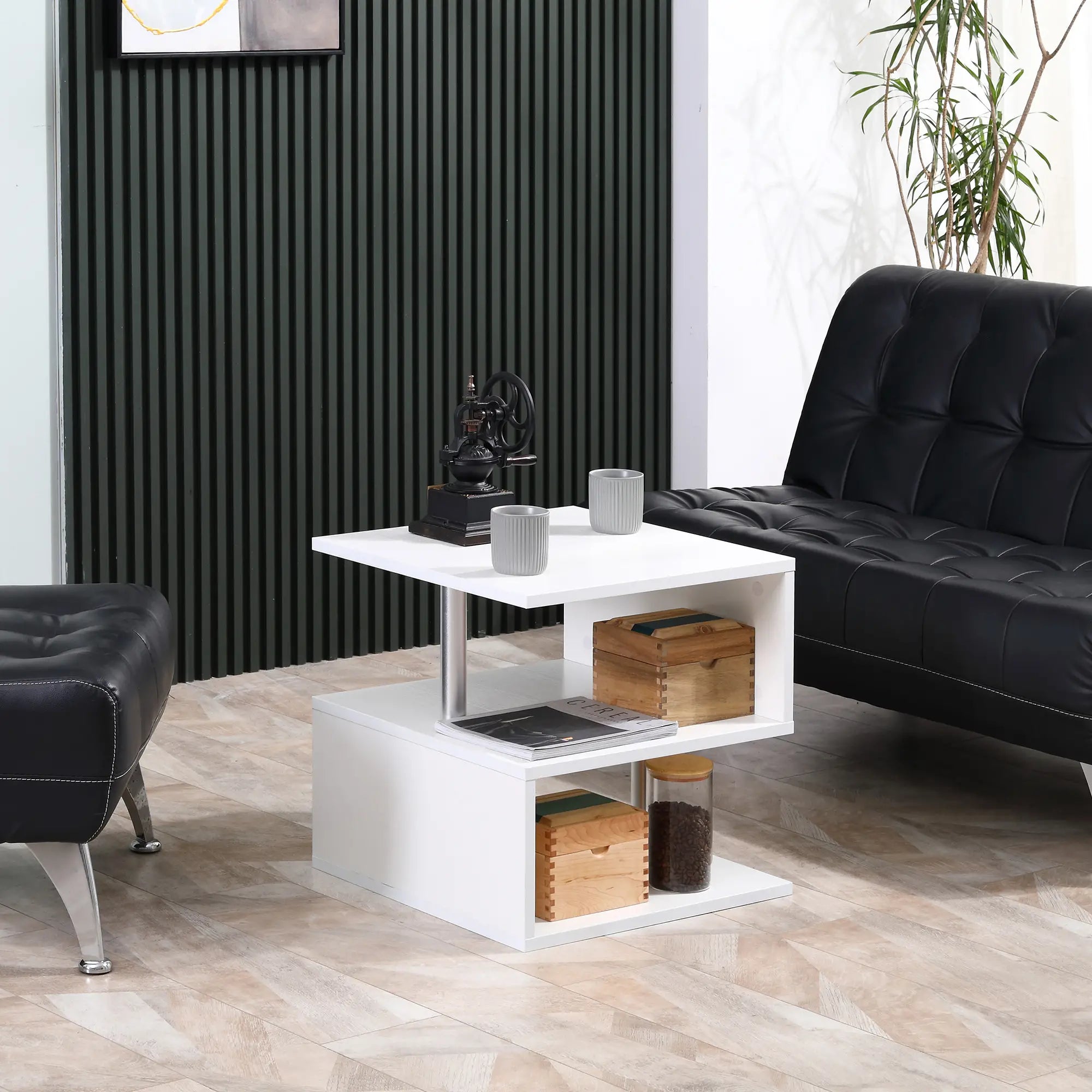 Wooden S Shape End Table, 3 Tier Storage Shelves, White Side Tables at Gallery Canada