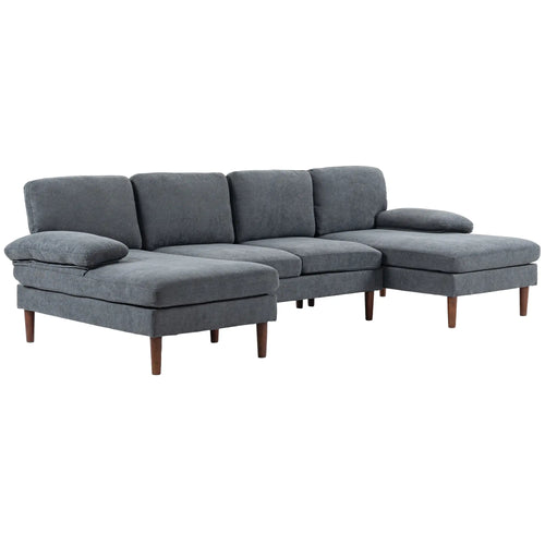 U Shape Couch, Double Chaise Lounge, 4 Seater Sofa, Wooden Legs, Dark Grey