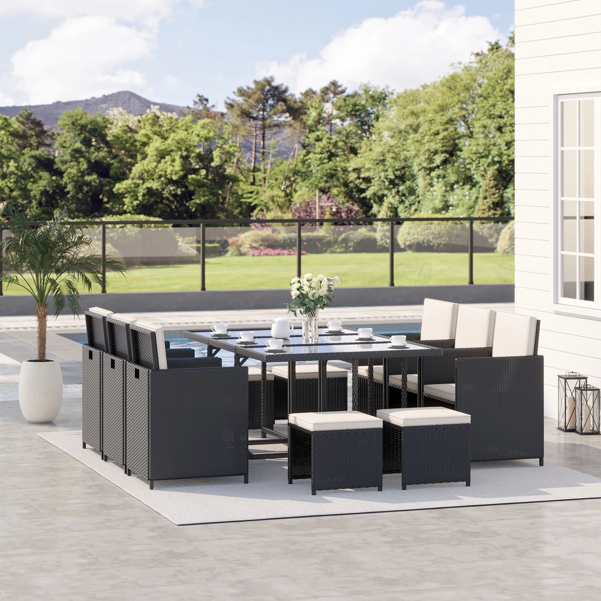 11-Piece Wicker Patio Dining Set, Removable Cushions, Glass Table, 6 Chairs, 4 Ottomans Outdoor Dining Sets at Gallery Canada