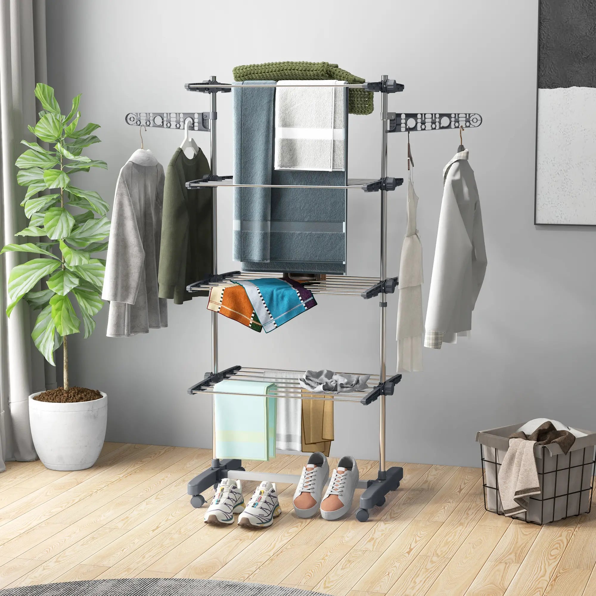 Stainless Steel Folding Clothes Drying Rack, Side Wings, Castors, Indoor Outdoor, Grey Bath Accessories at Gallery Canada
