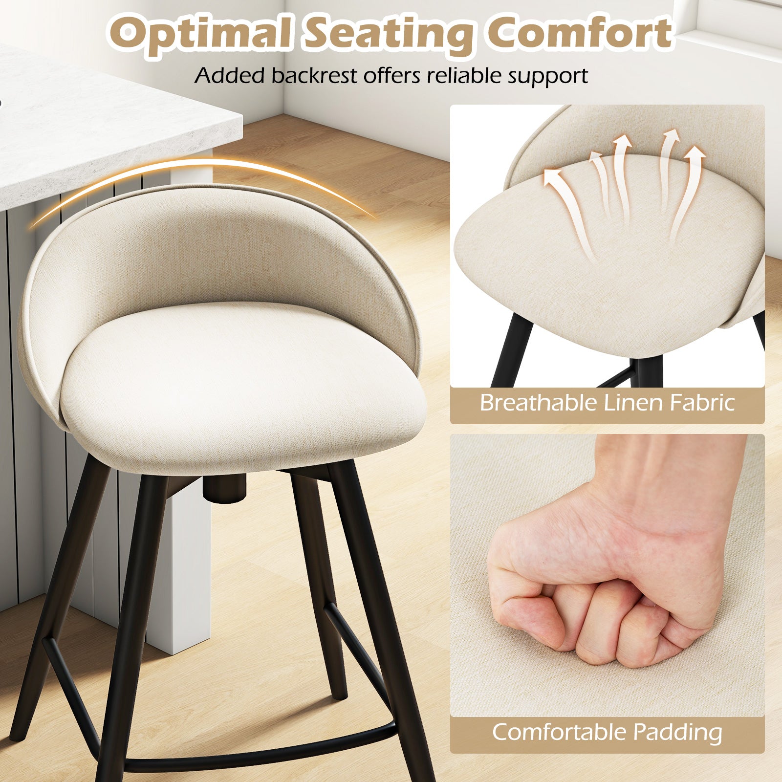 Upholstered Bar Stools Set of 2, Footrest and Backrest, Beige Bar Stools at Gallery Canada