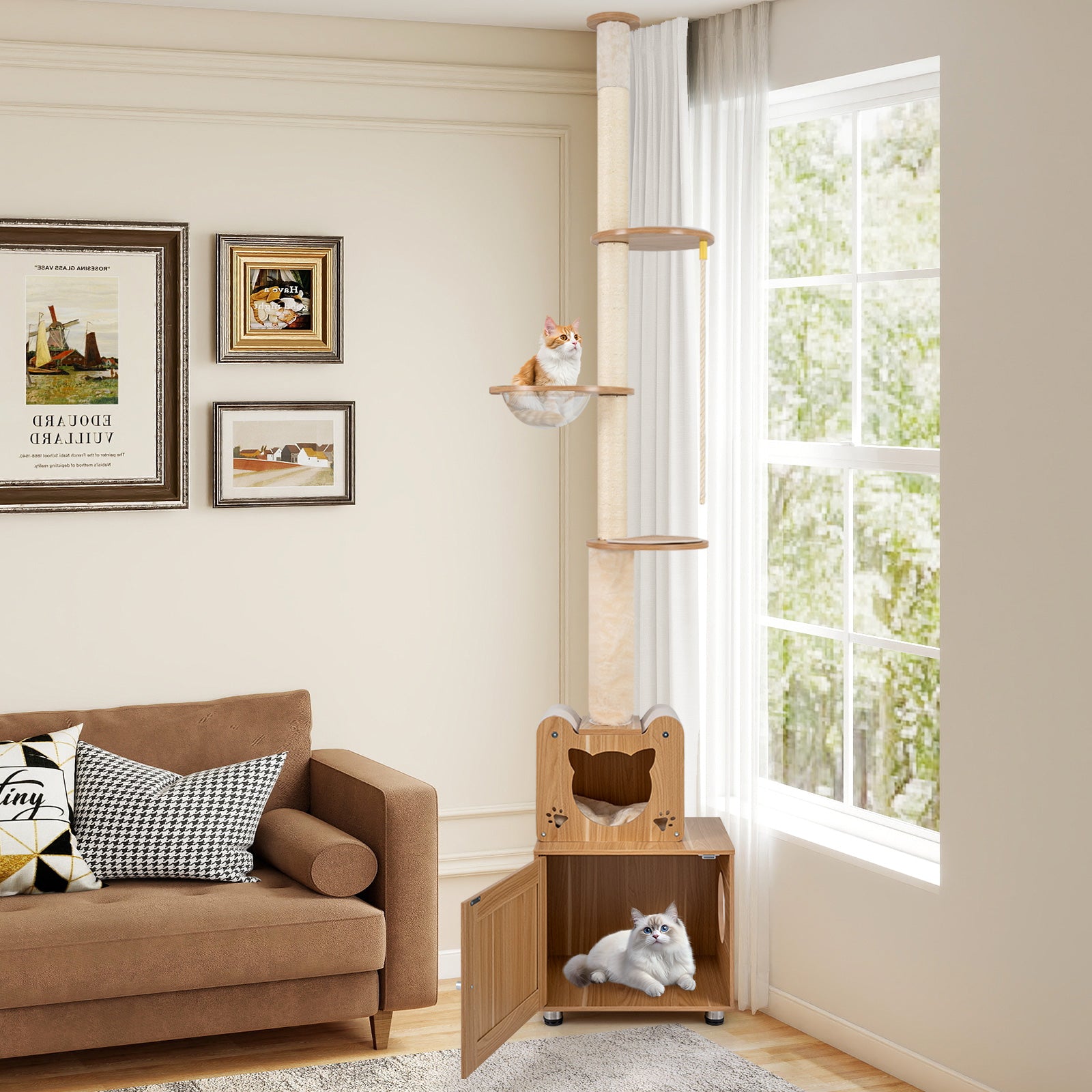 101 Inch Floor To Ceiling Cat Tree, Height Adjustable, Litter Box Enclosure, Brown Cat Trees Condos & Scratchers at Gallery Canada