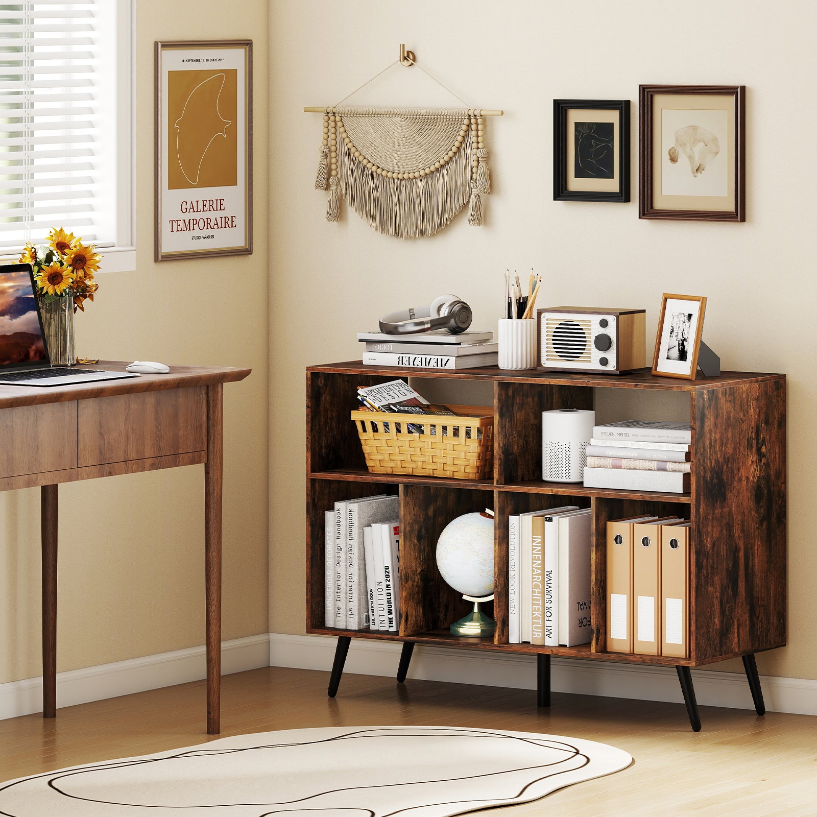 Record Player Stand With Charging Station, Open Shelves, Rustic Brown End & Side Tables at Gallery Canada