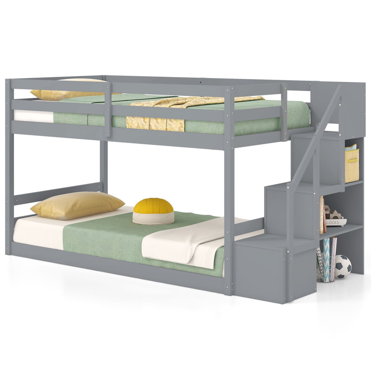 Twin Over Twin Low Bunk Bed With Storage Stairs, Solid Wood Frame, Gray Bunk Bed Frame at Gallery Canada