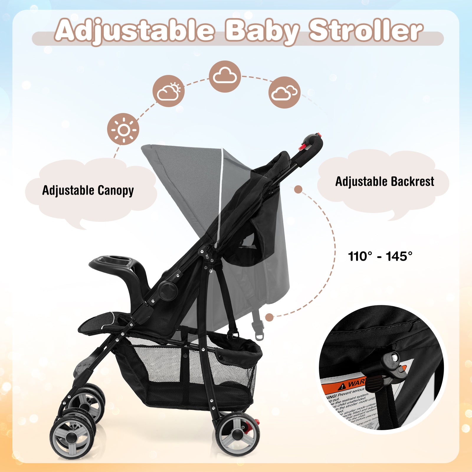 Toddler Travel Stroller, Airplane, Adjustable Backrest, Canopy, Black Baby Strollers at Gallery Canada