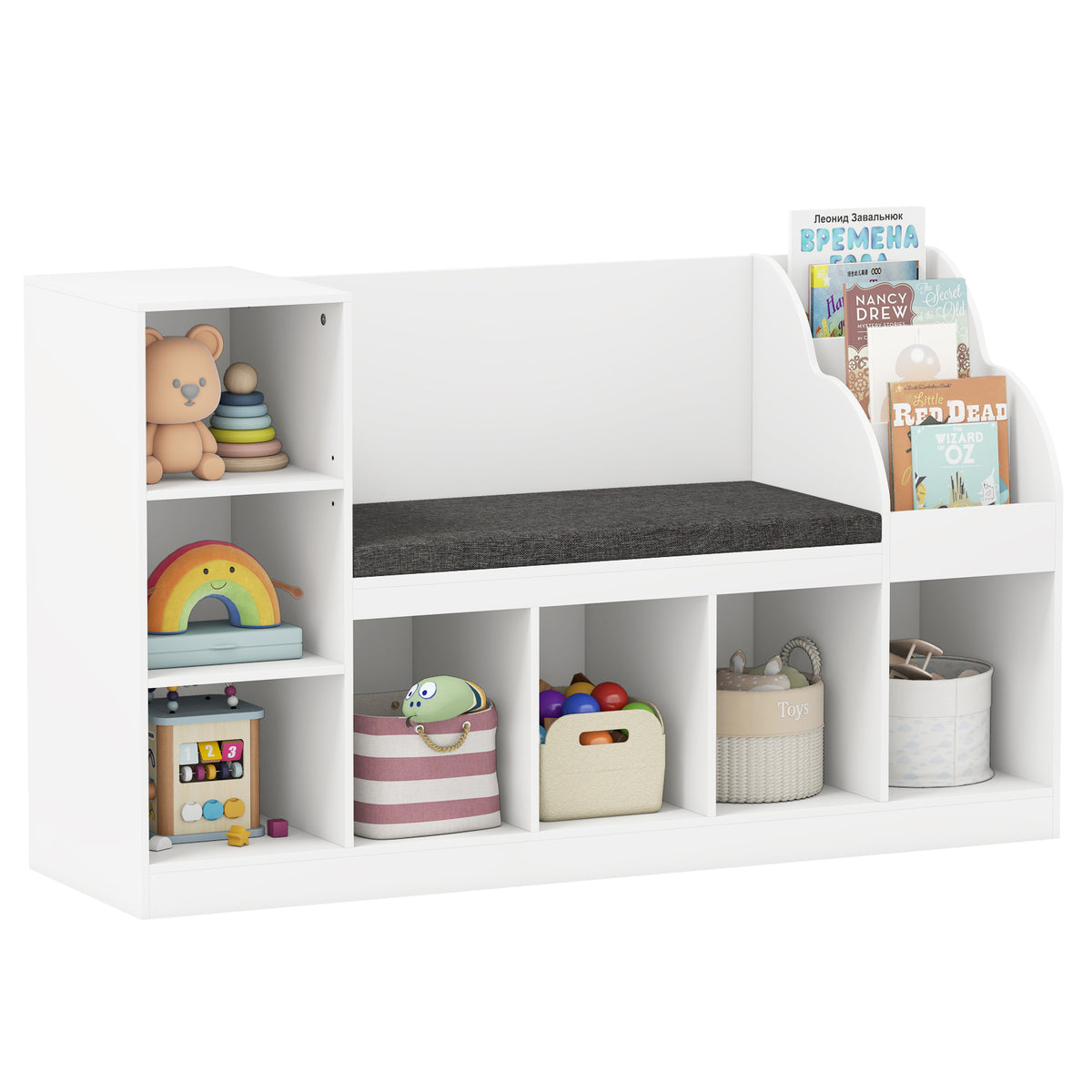Kids Bookcase With Reading Nook, 3-In-1 Toy Organizer, White Kids Storage White at Gallery Canada