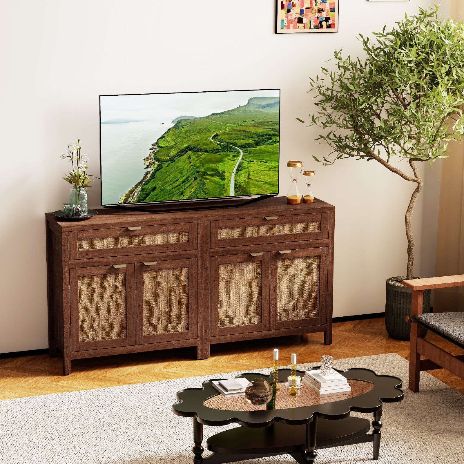 Sideboard Storage Cabinet, Rattan Doors And Drawer, Brown Sideboards Cabinets & Buffets at Gallery Canada