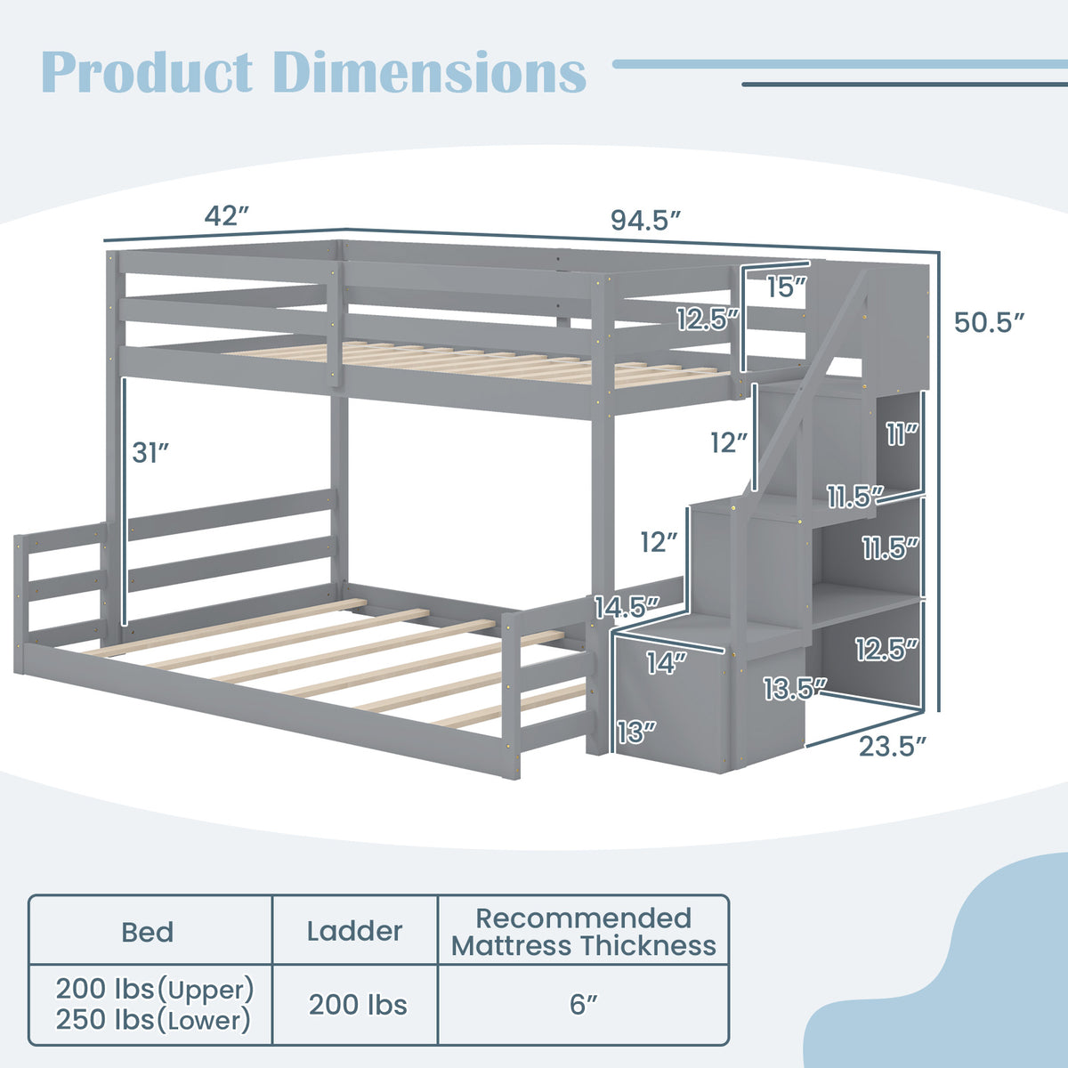 Solid Wood Twin Over Full Low Bunk Bed With Storage Stairs, Gray Bunk Bed Frame at Gallery Canada