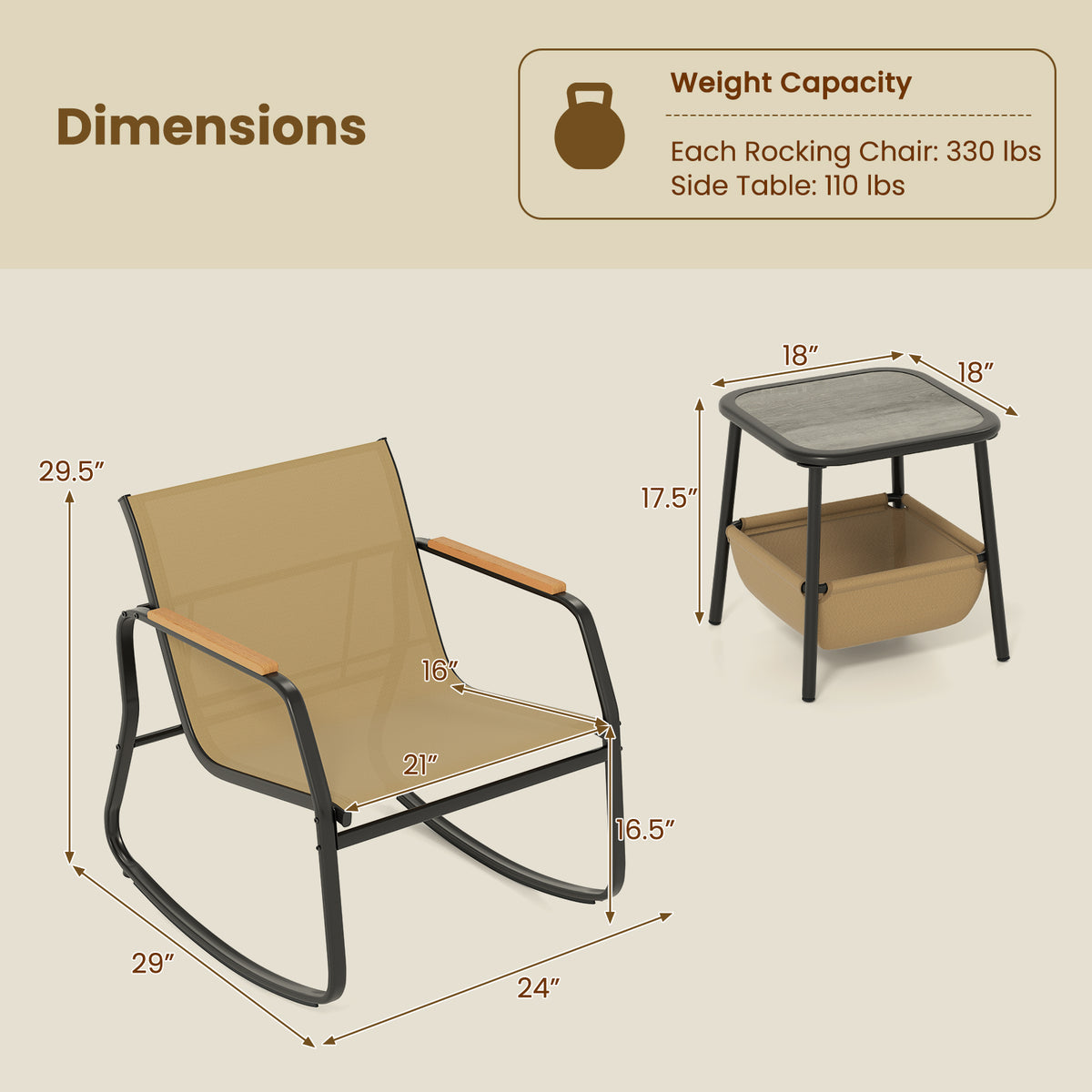 3 Piece Rocking Bistro Chairs, Side Table Set, Storage Bag, Brown Patio Conversation Sets at Gallery Canada