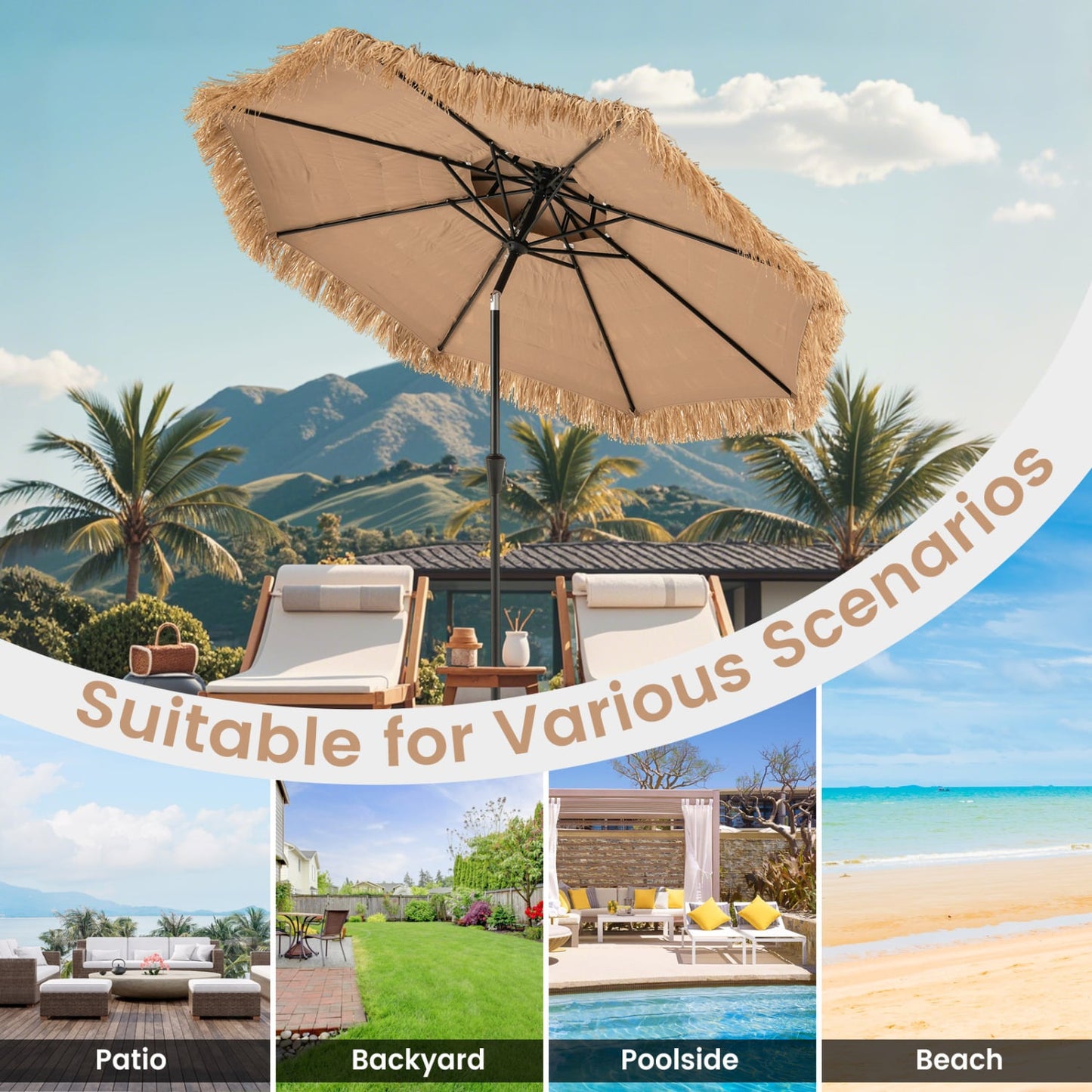 10FT 2-Tier Tiki Umbrella with 8 Ribs, Brown Outdoor Umbrellas at Gallery Canada