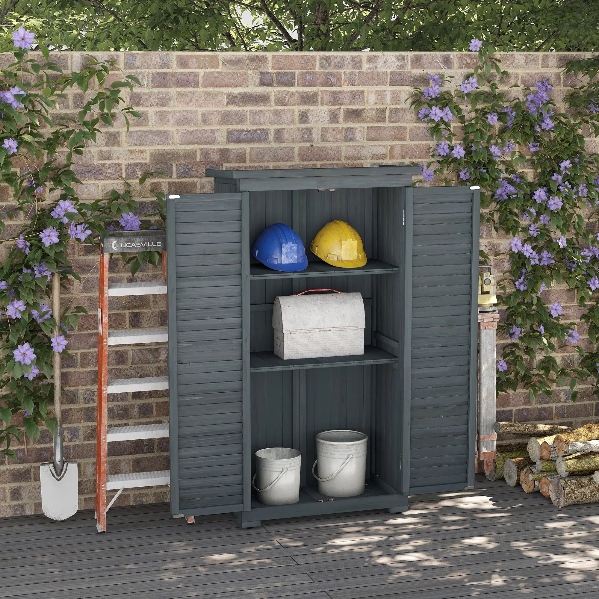 Outdoor Garden Shed, Wooden Tool Storage, 3-Tier Shelves, 34.3