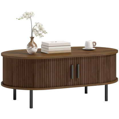 Coffee Table with Sliding Tambour Doors and Storage Center Table with Metal Legs, 39", Brown Coffee Tables at Gallery Canada