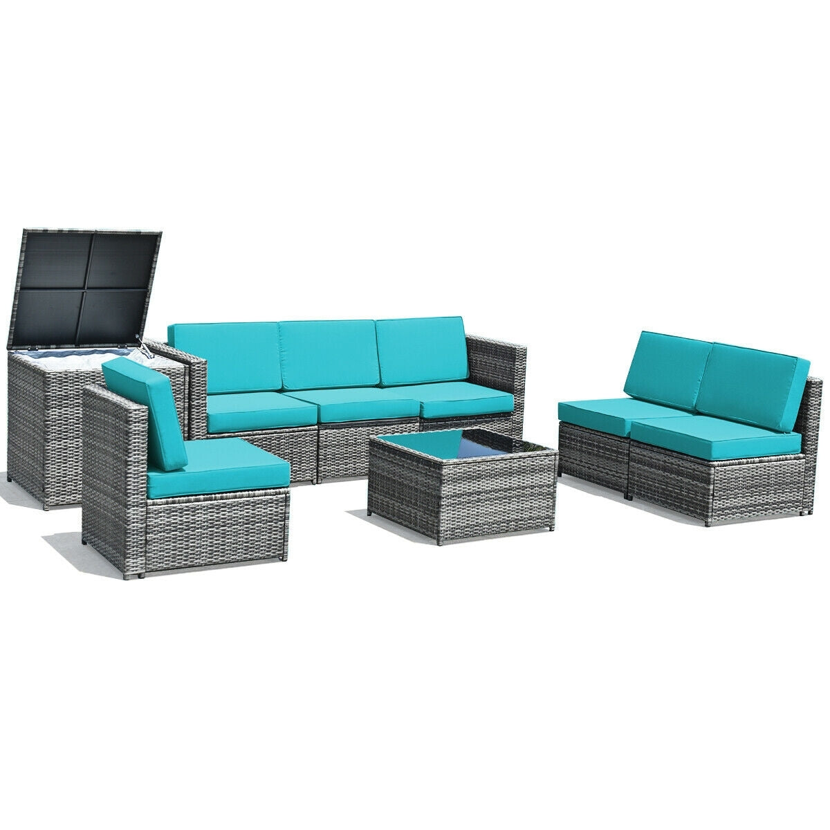 8 Piece Wicker Rattan Patio Dining Set, With Storage Table, Turquoise Outdoor Sectionals at Gallery Canada