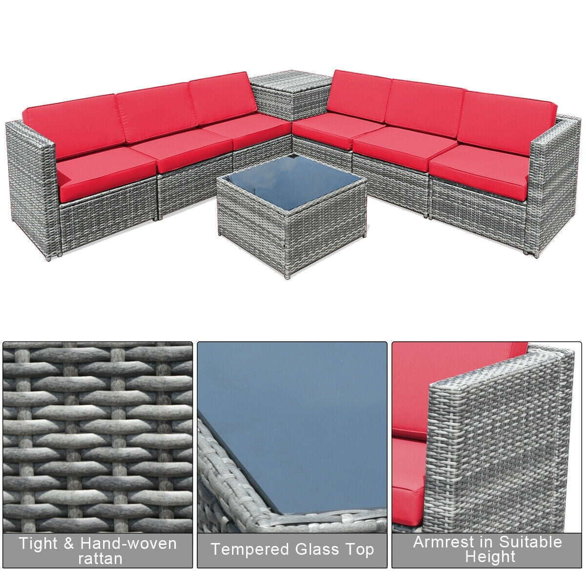 8 Piece Wicker Rattan Sofa Dining Set, Patio Furniture With Storage Table, Red Outdoor Sectionals at Gallery Canada
