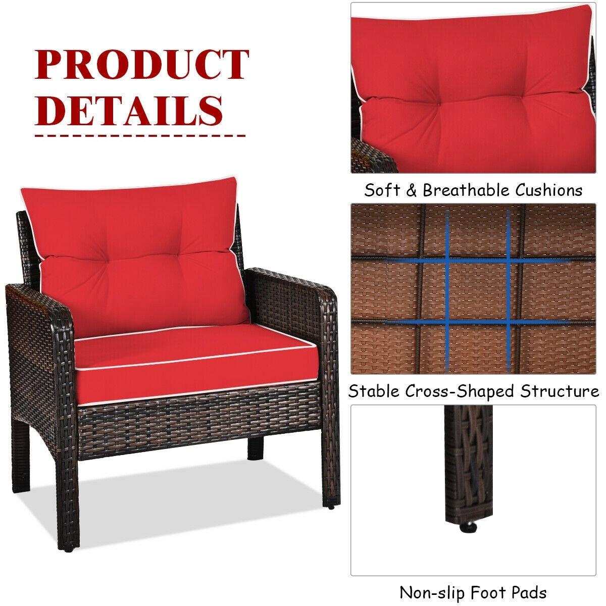 3 Pcs Outdoor Rattan Conversation Set, With Seat Cushions, Red Patio Conversation Sets at Gallery Canada