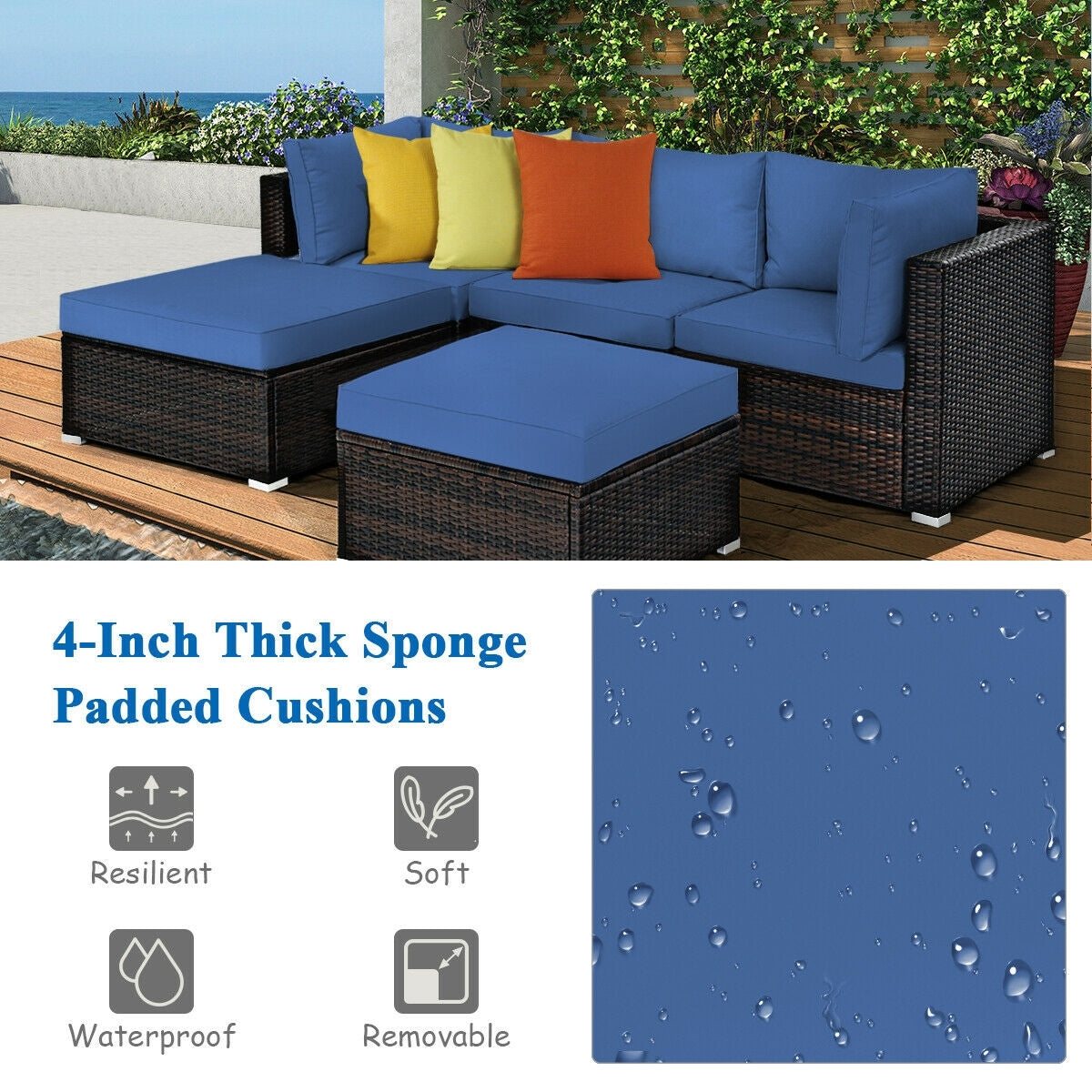 5-Piece Patio Rattan Sofa Set With Cushion And Ottoman, Navy Outdoor Sectionals at Gallery Canada